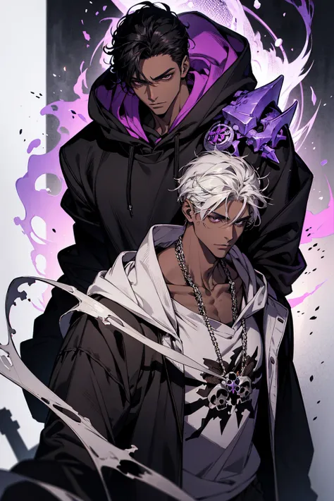 male with bones, looking away from camera, skulls, bones, handsome, black, dark skin, tall, broad shoulders, black hair, purple, purple fire, magic, detailed face, fantasy, hoodie
