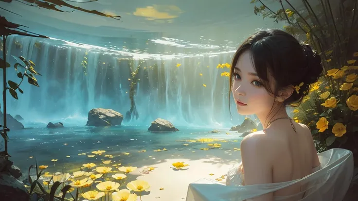 32k, Masterpiece, highest quality, One girl, Detailed eyes, flower,Sandersonia, Yellow and white style,A dreamy, romantic piece,Pale orange, Mysterious Leaves,A playful arrangement,Fantasy,High Contrast,Ink strokes,explosion,Exposure, Impression of yellow ...