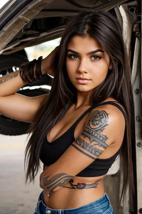 A tough-looking college-age girl with dark brown messy hair, and fair skin, has a nose piercing, an eyebrow piercing, three ear piercings in both ears, tattoos on her arm, and works as a mechanic