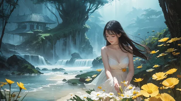 32k, Masterpiece, highest quality, One girl, Detailed eyes, flower,Sandersonia, Yellow and white style,A dreamy, romantic piece,Pale orange, Mysterious Leaves,A playful arrangement,Fantasy,High Contrast,Ink strokes,explosion,Exposure, Impression of yellow ...