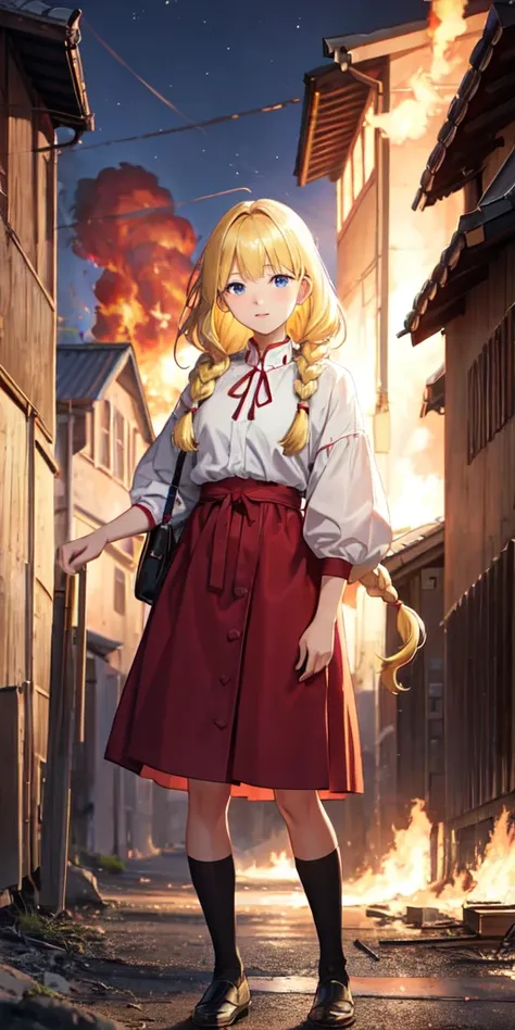 slavian girl anime fire on background, the village is burning, the girl is standing sideways, blonde, long braid, sad