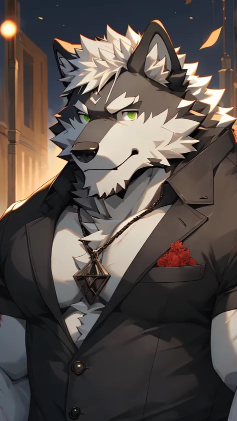 (masterpiece)，Very detailed，(best quality)，hairy，Wolf，male，（Naked），Black Leather，Full body portrait，Green eyes，white hair，尾巴hairy的，Blood in left eye，Be honest and trustworthy，Handsome，8K，(high quality)