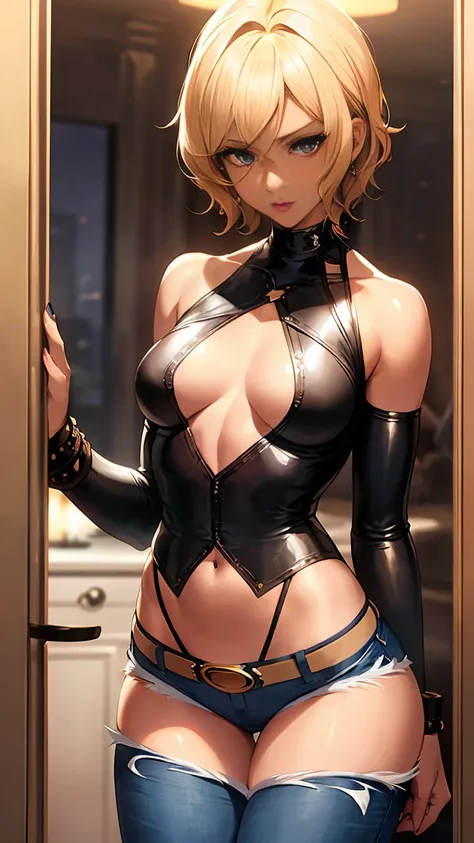 Beautiful woman with short blonde curly hair with blue eyes wearing Jeans Tight Pants With Leather Belt, Sexy Criss Cross Mock Neck Short Sleeves Shirt, luxurious jewelry, standing in a fitting room at night with legs open with her pussy marked (ebony skin...