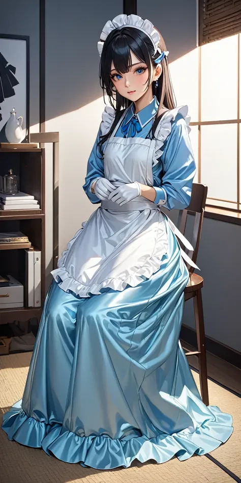 (masterpiece,highest quality,超A high resolution),Japanese women, (((Very beautiful 25 year old girl))),(A light blue satin maid outfit that fits perfectly)、((A light blue satin long skirt that fits perfectly))、(Light blue satin long sleeve shirt)、Light blu...