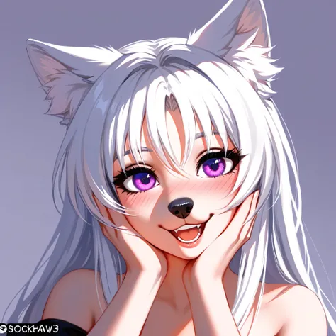 an all white wolf girl, tall, mature, snout, long white hair, white ears, purple eyes, black nose, wearing black blouse, portrai...