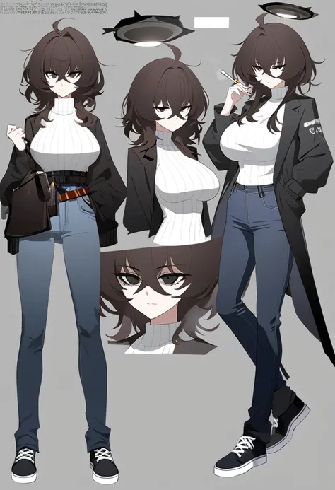 One Woman,Downer,older sister,Concept Art,Dark brown hair,Straight hair with slight inward curls,Staring eyes,Eye Ridge,black eye,Crossed bangs,whole body,smile,Larger breasts,Gray background,Bangs that reach down to the eyes,Messy hair,Perfect dark jeans,...