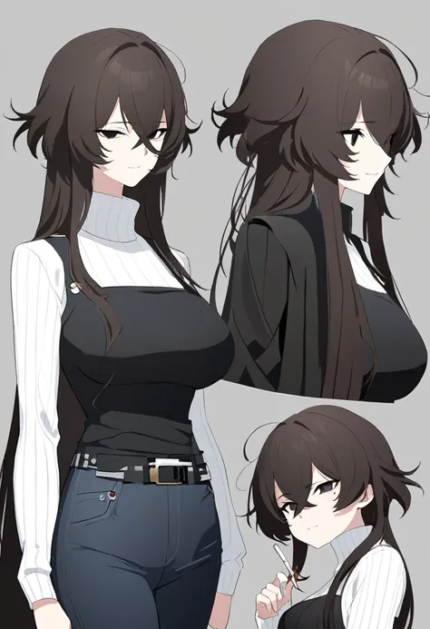 One Woman,Downer,older sister,Concept Art,Dark brown hair,Straight hair with slight inward curls,Staring eyes,Eye Ridge,black eye,Crossed bangs,whole body,smile,Larger breasts,Gray background,Bangs that reach down to the eyes,Messy hair,Perfect dark jeans,...