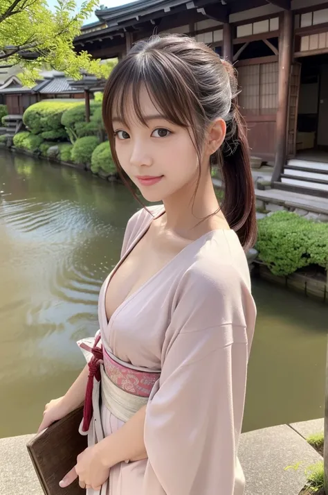 nsfw,Japanese women、26 years old、(naked)、princess、Hairpin、Beautiful nipples、Pink kimono、Brown Hair、ponytail、bangs、(RAW shooting, Photorealistic:1.5, 8k, highest quality, masterpiece, Ultra-high resolution), ((The background is the streetscape of the Edo pe...