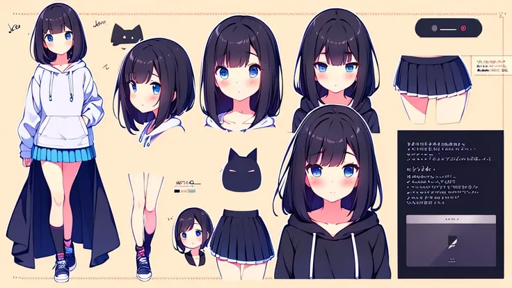 Girl long black hair blue eyes blush on face in PC gaming room Short pleated skirt long stockings cat hoodie great quality 8k very detailed image perfect anatomy full body