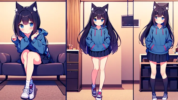 Girl long black hair blue eyes blush on face in PC gaming room Short pleated skirt long stockings cat hoodie great quality 8k very detailed image perfect anatomy full body