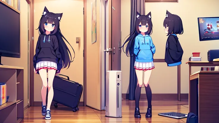 Girl long black hair blue eyes blush on face in PC gaming room Short pleated skirt long stockings cat hoodie great quality 8k very detailed image perfect anatomy full body