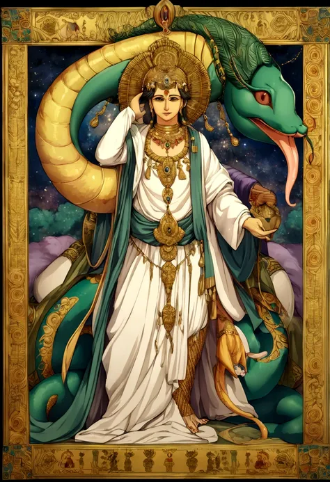 (((serpente))) best quality, ultra-high resolution, CG detalhado 4K, master part, Krishna, Hindu god,cobra,em cima da cobra, mitologia hindu,((em cima da serpente)), Imagem hindu , aesthetic, Centrado na tela