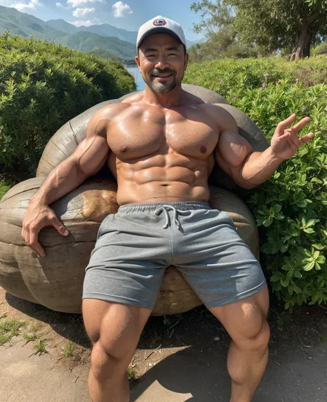 Lu Bu坐在hot spring边对镜头打招呼，Lu Bu，Looking at the camera，Open your mouth，Open your legs，hot spring，Facing the camera，A friendly attitude，Friendly expression，bend over，Open hands，40-year-old Asian man，Build muscle，Huge pectoral muscles，Strong body，Mermaid Line，...