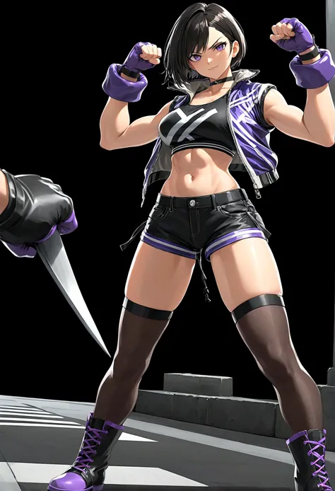 Tomboy girls, Sexy, Smart, Strong, muscular body, Tall Body, Short black hair, purple pupil eyes, black plain chokers, wear jacket, black Crop top, short black jeans, thick long black stocking, High black boots, fingerless black gloves, One hand pulls the ...