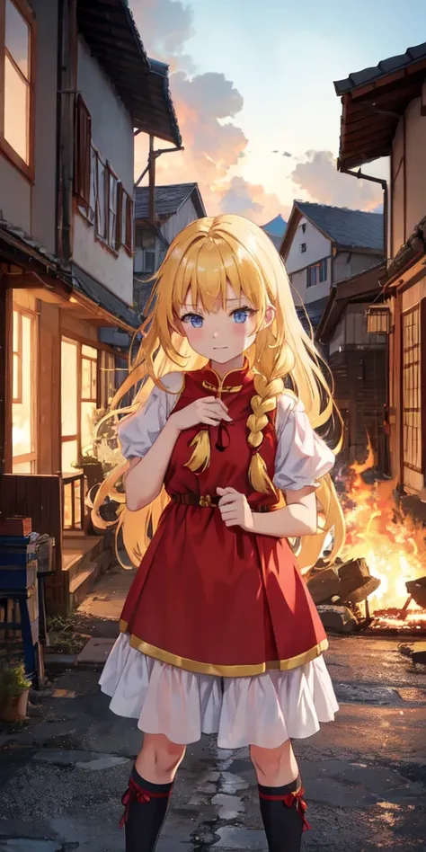 slavian girl anime fire on background, the village is burning, the girl is standing sideways, blonde, long braid, sad