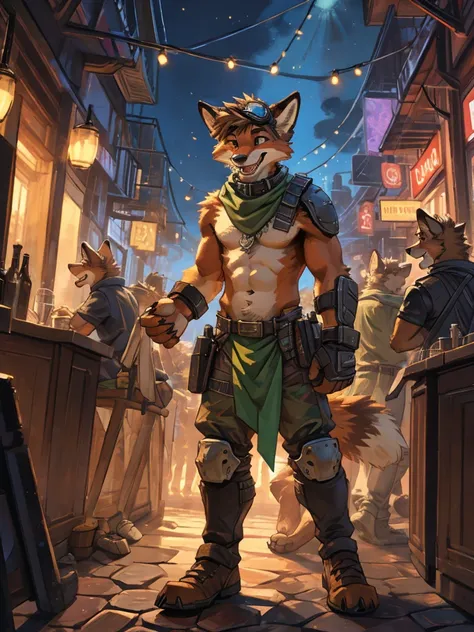 teen Furry, furry, teenager, red fox, spiked brown hair only on head, collar, brown eyes, goggles, green loincloth, green scarf, elbow pads, knee pads, masterpiece, No muscles, Detailed hands, detailed face, detailed eyes, detailed body, Flat body, Skinny,...