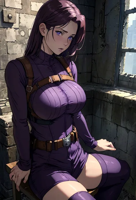 masterpiece, best quality, claire, claire redfield, resident evil, 1girl, solo, brown hair, (((purple clothes))),wearing a bodysuit))), transparent thighhighs, sitting, on a prision chair, warm lighting, relaxed face expression, looking to the side, gigant...