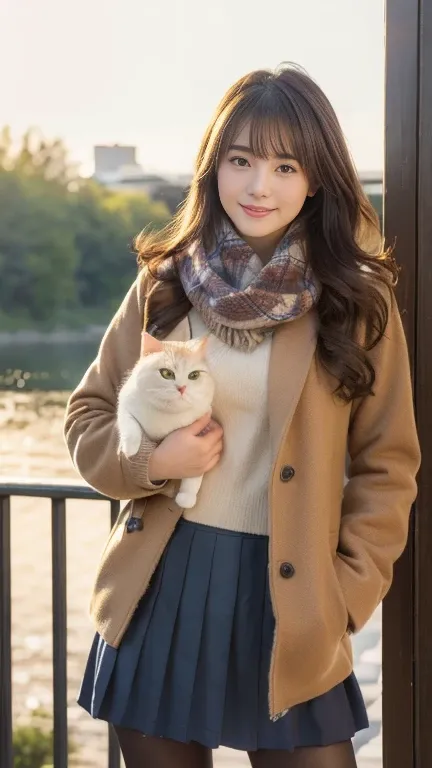 looking viewer, Holding a Japanese cat. Japanese girl , 16 year old ,(middle hair, brown hair, fringe, little smiling),(middle breasts, slender whist, middle hip, public hair) ,(coat:1.3), jacket, long sleeves, pleated skirt, scarf, pantyhose
, standing, f...