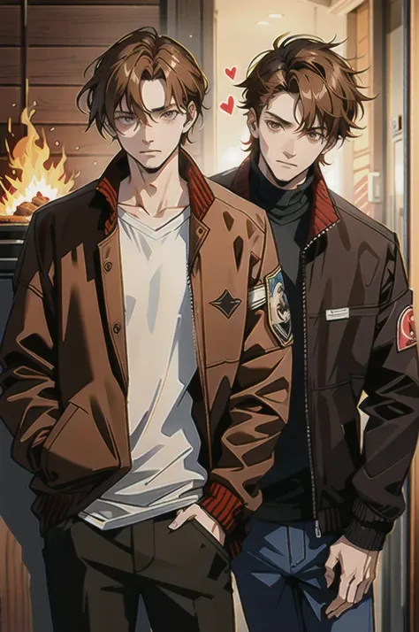 mature man, expressionless, bar, Lean against the wall., inside, wooden inside, 2 young men, brown hair, , brown eyes, , (black jacket:1.2), (a burning heart:1.2)