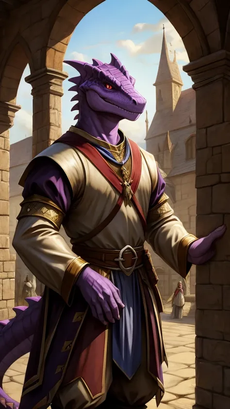 Lithe lizardman, medieval noble clothing, purple skin