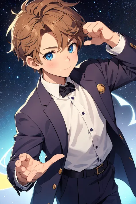 A cute anime boy with light brown hair and blue eyes, depicted in an adorable chibi style is shown on the circular badge design. The character has his hands clasped together as if praying or thinking. He wears a suit jacket over a shirt that is buttoned up...