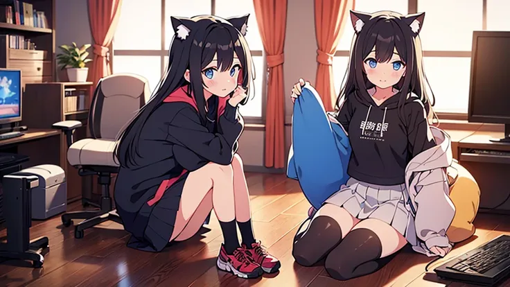 Girl long black hair blue eyes blush on face in PC gaming room Short pleated skirt long stockings cat hoodie great quality 8k very detailed image perfect anatomy full body