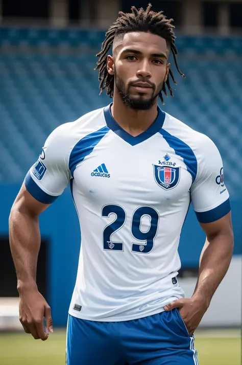 Jogador de futebol com a camisa do paris fc azul e branca, cabelo liso e com luzes