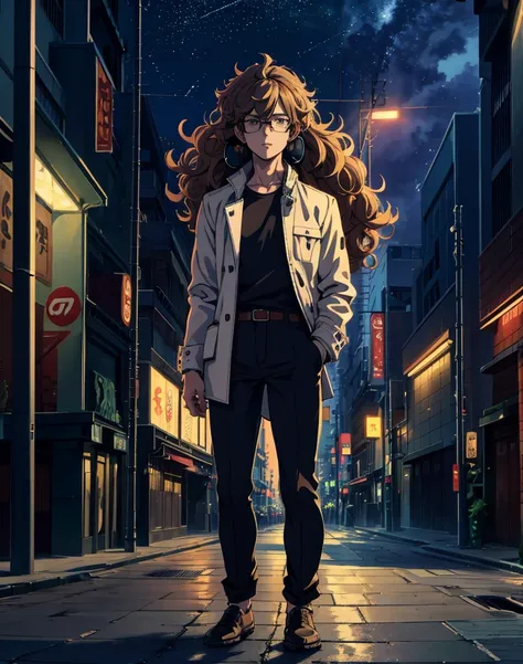 "A 2D anime-style image of a male character standing in the middle of a bustling city street at night. The character has curly hair, wears glasses, a white shirt, a light brown jacket, and headphones on his ears. The background features tall buildings with...