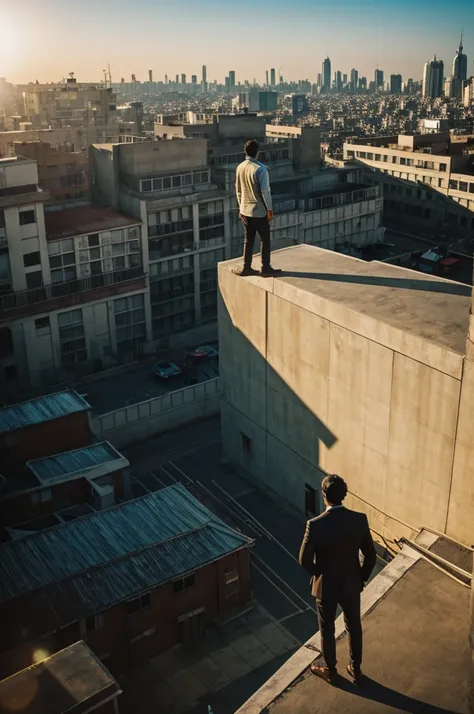 A man standing on a wall of roof in city sunlight infront of him landscape view cinematic colour grading and skk