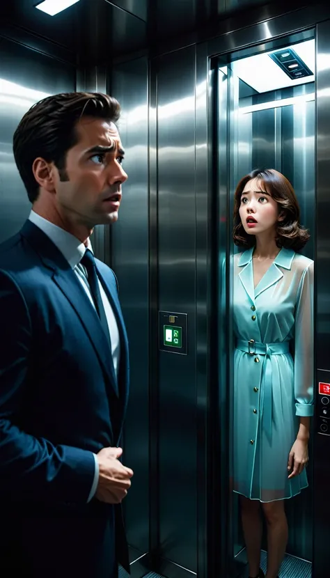 A frightened woman looks at a translucent man in an elevator、A translucent man and a frightened woman