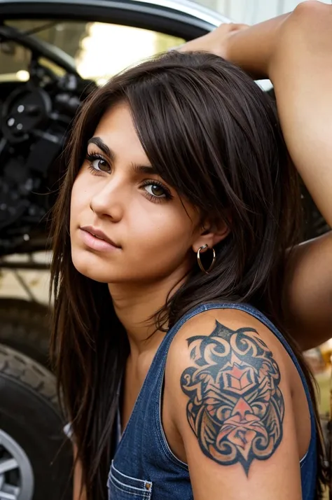 A tough-looking college-age girl with dark brown messy hair, and fair skin, has a nose piercing, an eyebrow piercing, three ear piercings in both ears, tattoos on her arm, and works as a mechanic