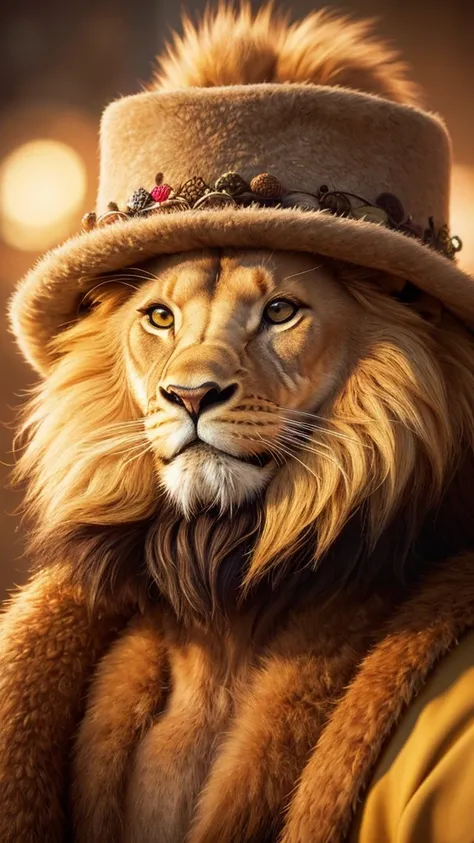 highest quality, High resolution, Super detailed, Realistic, Lion in a hat, Anthropomorphic lion, Detailed faces and expressions, Cute lion with android characteristics, Realistic textures, The specifics of fur and hats, Vibrant colors, Whimsical art style...