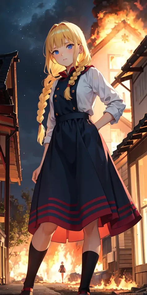 slavian girl anime fire on background, the village is burning, the girl is standing sideways, blonde, long braid, sad