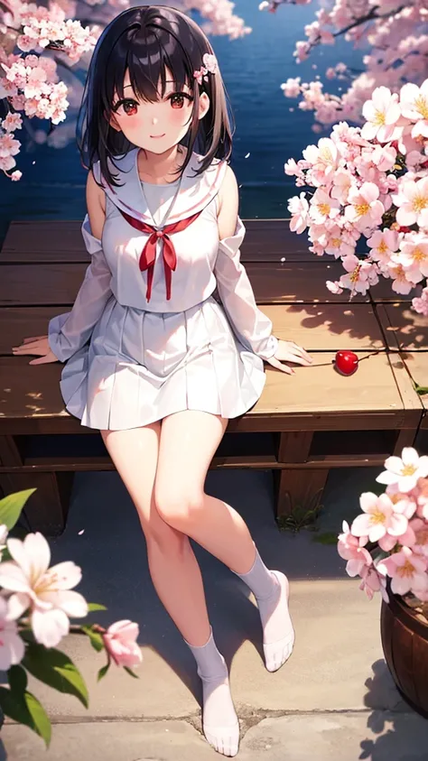 High resolution、high resolution、8k、16k、White Sailor Suit、Red ribbon、Short black hair、Japanese Girl、SakuraFubuki、Cherry tree、Cherry blossom、Spring weather、smile、whole body、Cherry Blossom Viewing、cute、cute、beautiful girl、