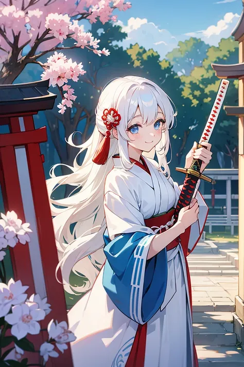 White wavy hair、Blue Tree Eyes、She is wearing a shrine maiden costume and holding a Japanese sword。smile