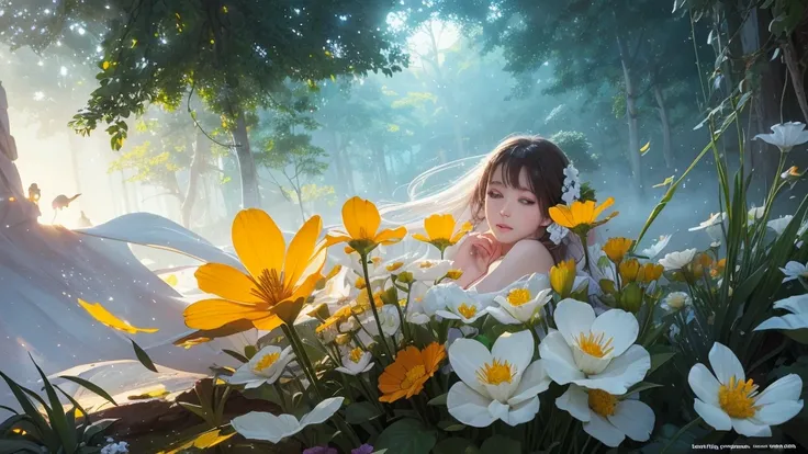 32k, Masterpiece, highest quality, One girl, Detailed eyes, flower,Sandersonia, Yellow and white style,A dreamy, romantic piece,Pale orange, Mysterious Leaves,A playful arrangement,Fantasy,High Contrast,Ink strokes,explosion,Exposure, Impression of yellow ...