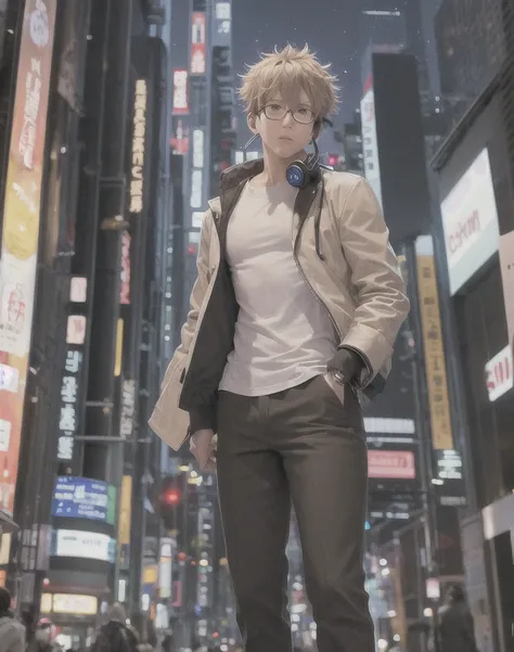 "A 2D anime-style image of a male character standing in the middle of a bustling city street at night. The character has curly hair, wears glasses, a white shirt, a light brown jacket, and headphones on his ears. The background features tall buildings with...