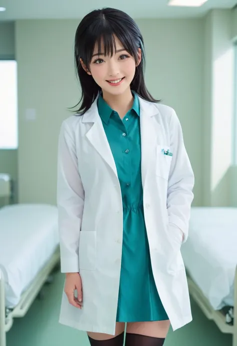 smiling stunning beautiful slim japanese girl, wearing (white labcoat, teal shirtdress, white stockings), black hair, (clean mod...