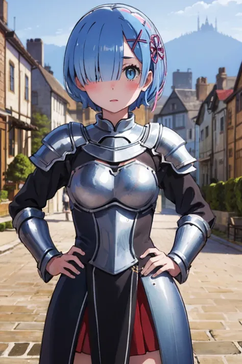 masterpiece, Highest image quality, ultra high resolution, ph_rem, remhd, 1girl, blue hair, solo, blue eyes, x hair ornament, armor, knight, city background, medieval, village, old houses, hands on hips, facing the viewer, looking at the viewer, blushing, ...