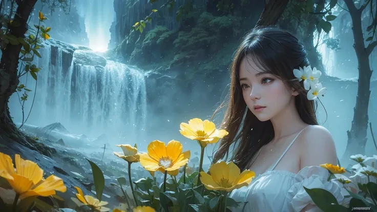 32k, Masterpiece, highest quality, One girl, Detailed eyes, flower,Sandersonia, Yellow and white style,A dreamy, romantic piece,Pale orange, Mysterious Leaves,A playful arrangement,Fantasy,High Contrast,Ink strokes,explosion,Exposure, Impression of yellow ...