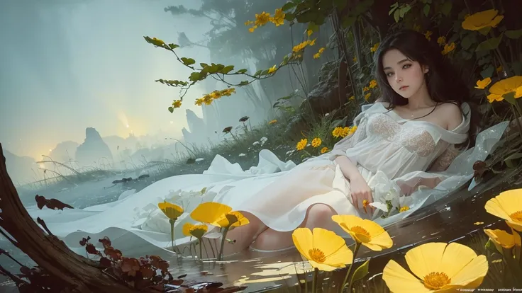 32k, Masterpiece, highest quality, One girl, Detailed eyes, flower,Sandersonia, Yellow and white style,A dreamy, romantic piece,Pale orange, Mysterious Leaves,A playful arrangement,Fantasy,High Contrast,Ink strokes,explosion,Exposure, Impression of yellow ...