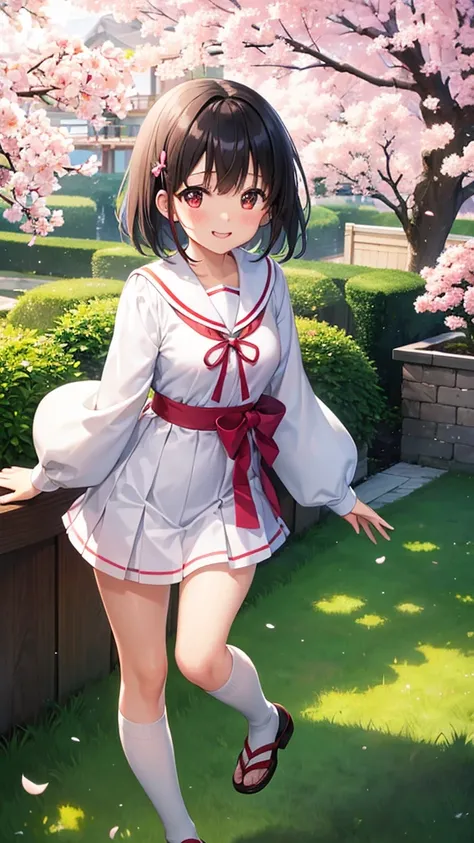 High resolution、high resolution、8k、16k、White Sailor Suit、Red ribbon、Navy blue mini pleated skirt、Short black hair、Japanese Girl、SakuraFubuki、Cherry tree、Cherry blossom、Spring weather、smile、whole body、Cherry Blossom Viewing、cute、cute、beautiful girl、Are stan...