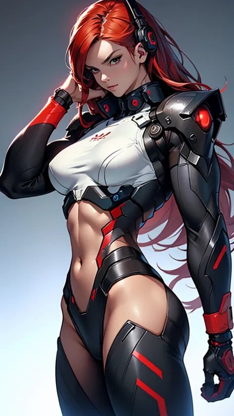 Beautiful cybernetic girl detailed muscles realistic masterpieces full figure pose (best quality,ultra-detailed), red hair, fair skin, fit body, slim figure, narrow waist, large buttocks, (cocky expression), combat gear, black mobile battle suit, dynamic p...