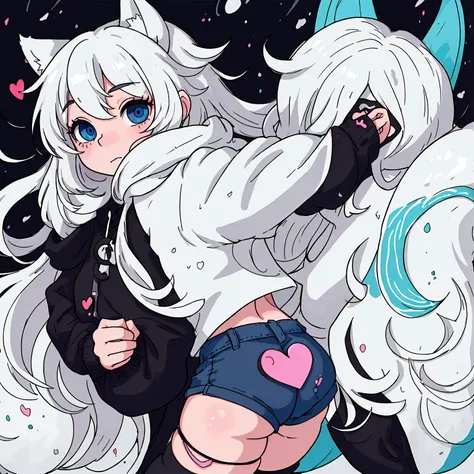 a cute adult male with wolf ears, long white hair, long locks, has a wolf tail, wearing a loose cropped oversized black hoodie, wearing a pair of denim short shorts and fishnet stockings, thick thighs, wide hips, relaxing on mound of fluffy multi colored k...