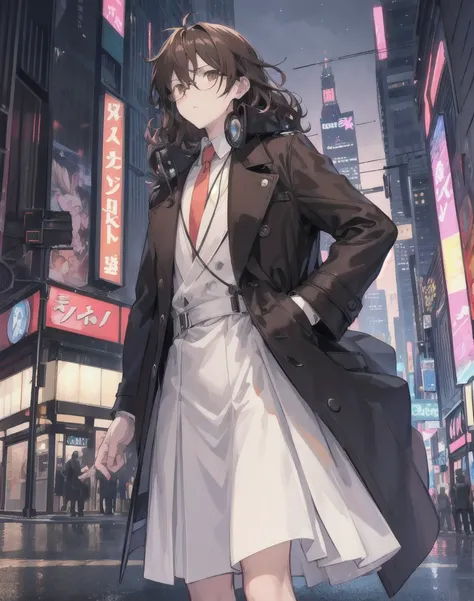 "A 2D anime-style image of a male character standing in the middle of a bustling city street at night. The character has dark brown curly hair, wears round glasses, a white dress shirt, a light brown trench coat, and black headphones over his ears. He has ...