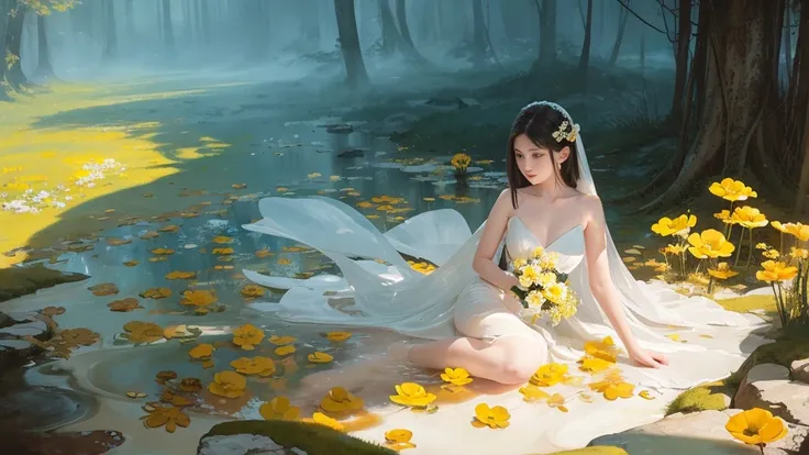 32k, Masterpiece, highest quality, One girl, Detailed eyes, flower,Sandersonia, Yellow and white style,A dreamy, romantic piece,Pale orange, Mysterious Leaves,A playful arrangement,Fantasy,High Contrast,Ink strokes,explosion,Exposure, Impression of yellow ...