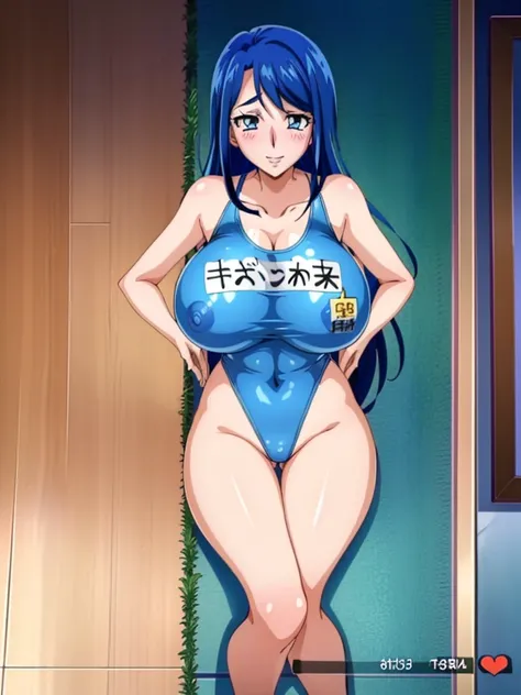 highest quality, High resolution, 〚(Anime screenshots), Anime Color, 2D, cheer up, Big eyes, Poolside, One girl, Minazuki Karen, (Huge breasts:1.4), Blue school swimsuit(Name tag in hiragana"Karen"Character), blush, Embarrassing, smile, View Viewer, Cowboy...