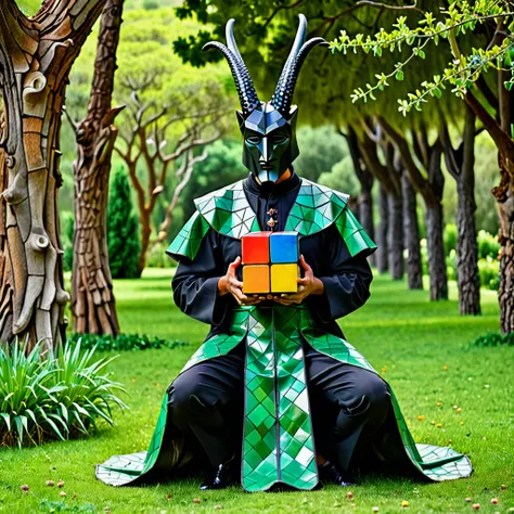 Hombre en traje de vestir negro con cabeza de cubo negro levitando sobre un prado de cesped verde, flores de colores, hongos alusinojenos en un paraje de riscos y acantilados, rodeados de fauna y vegetacion endemica de una region boscosa, pinos, escultura,...