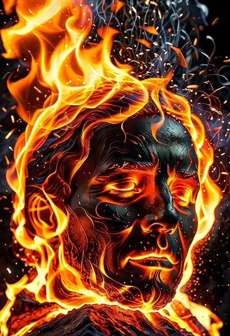 man engulfed in flames, cinematic photo, fire element, composed of fire elements hrglw, highly detailed, (fire element:1.1),composed of fire elements,(1man:1.3),burning,transparency,fire,(molten rock),flame skin,flame print, hair of fire (((a man wrapped i...