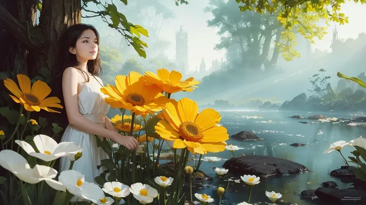 32k, Masterpiece, highest quality, One girl, Detailed eyes, flower,Sandersonia, Yellow and white style,A dreamy, romantic piece,Pale orange, Mysterious Leaves,A playful arrangement,Fantasy,High Contrast,Ink strokes,explosion,Exposure, Impression of yellow ...